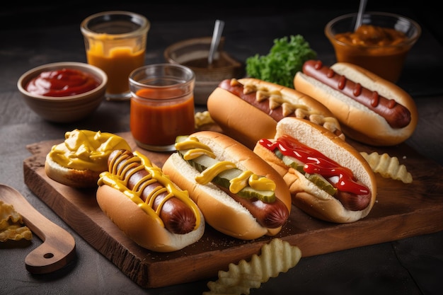 Talerz hot-dogów z wyborem bułek i przypraw