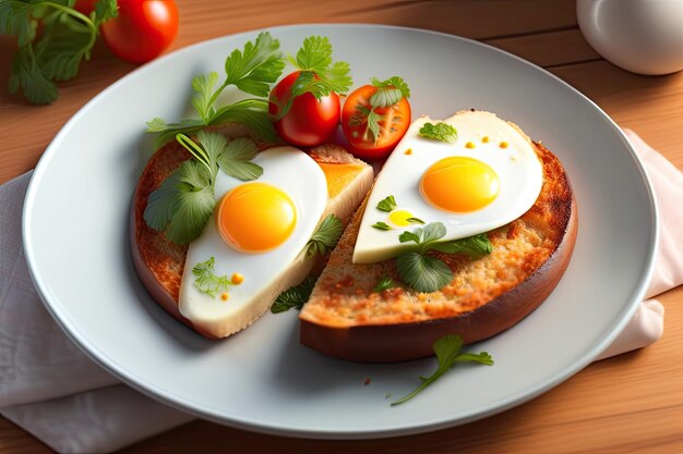 Talerz jaj z kromką chleba i pomidorami na boku.