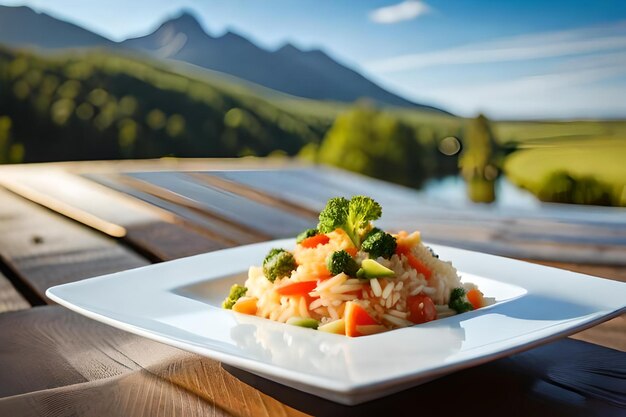 Zdjęcie talerz jedzenia z brokułami i ryżem na drewnianym stole.