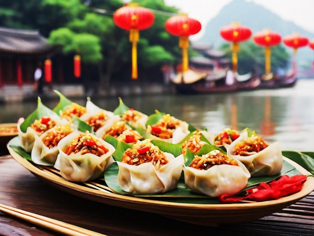 Zdjęcie talerz jedzenia z chińskimi latarniami na górze