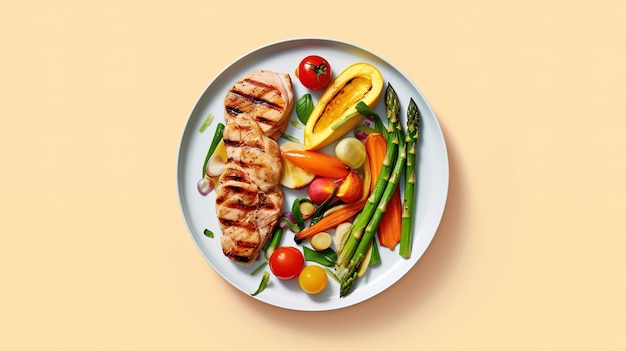 Talerz jedzenia z grillowaną piersią kurczaka i warzywami.