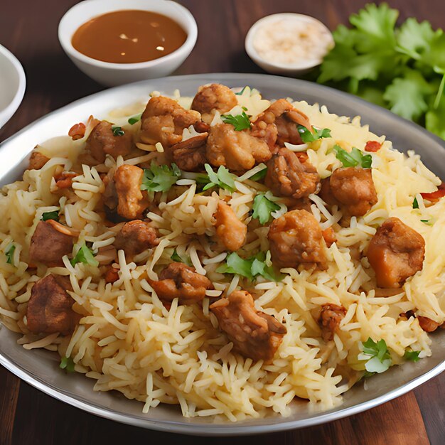 Zdjęcie talerz jedzenia z kurczakiem, ryżem i sosem