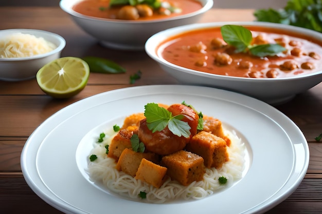 Talerz jedzenia z miską curry i miską curry.