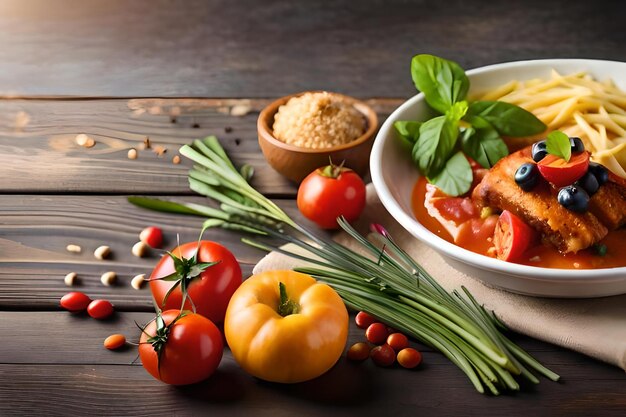 Zdjęcie talerz jedzenia z pomidorami i ziołami na stole.