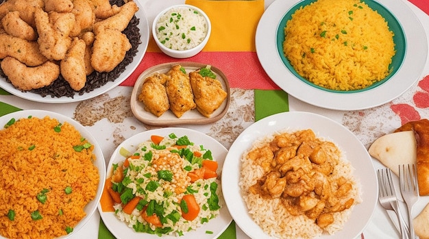 Talerz jedzenia z różnymi potrawami, w tym ryżem z kurczaka i innymi potrawami