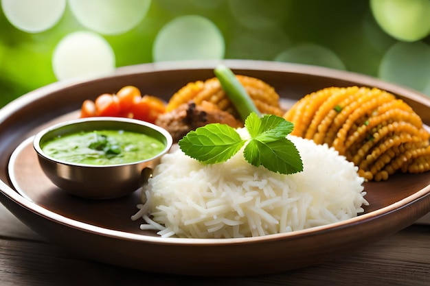 Talerz jedzenia z ryżem, warzywami i zielonym sosem