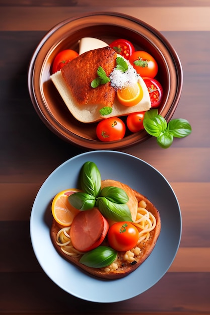 Talerz jedzenia z talerzem jedzenia i talerzem jedzenia z pomidorami i bazylią.