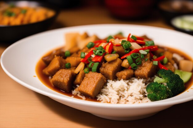 Talerz jedzenia z tofu i ryżem