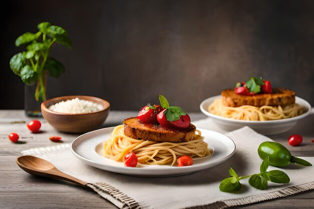 Talerz jedzenia z widelcem i miską spaghetti na stole.