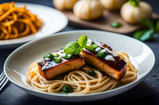 Talerz jedzenia ze spaghetti i mięsem.