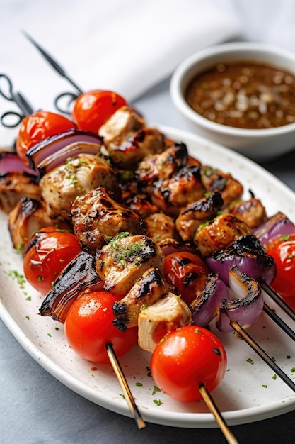 Talerz kebabów z pomidorami i sosem na nim