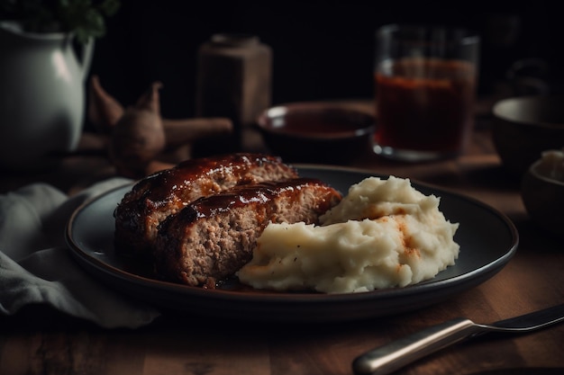 Talerz klopsa z puree ziemniaczanym i kieliszkiem czerwonego wina.