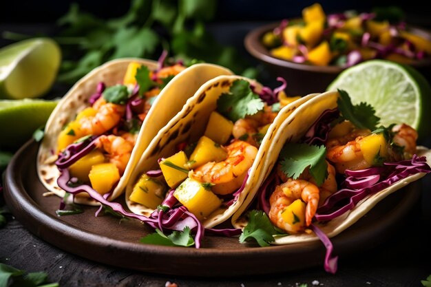 Talerz krewetkowych tacos z salsą z mango