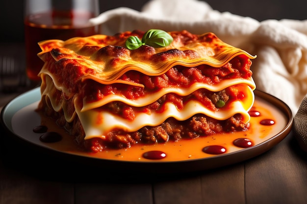 Talerz lasagne z mięsem z bazylią na wierzchu