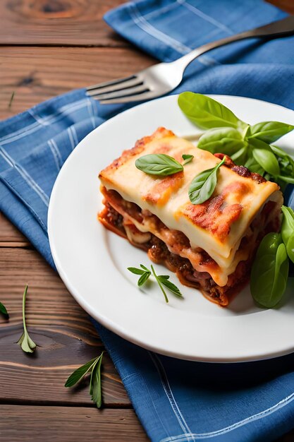 Talerz lasagne z niebieską serwetką na boku