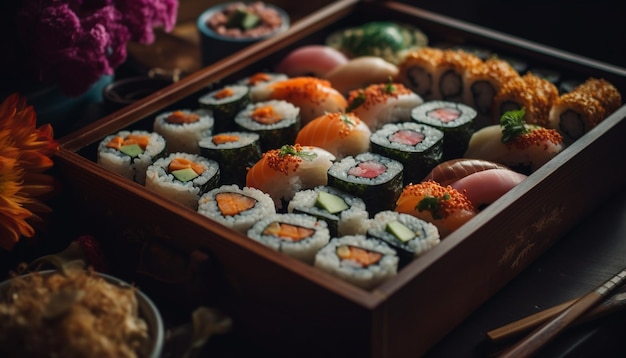 Talerz obiadowy dla smakoszy ze świeżymi owocami morza i odmianami sushi wygenerowany przez sztuczną inteligencję