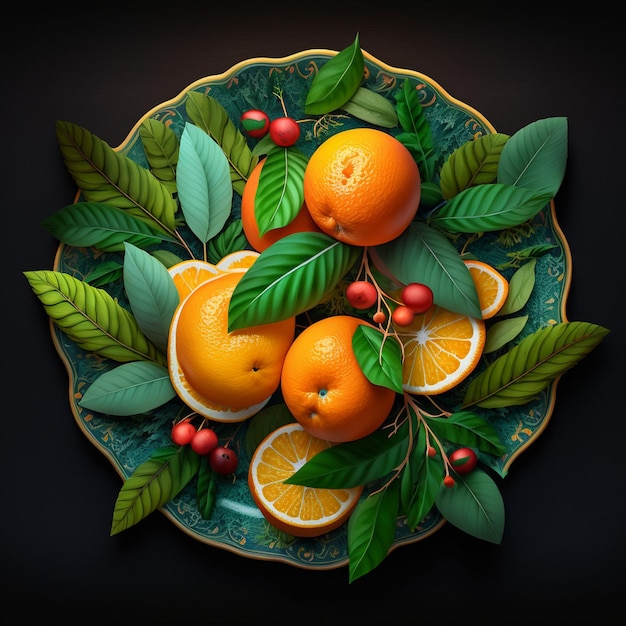 Talerz owoców z liśćmi i pomarańczami