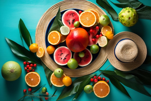 Zdjęcie talerz owoców z owocami i kapelusz na stole