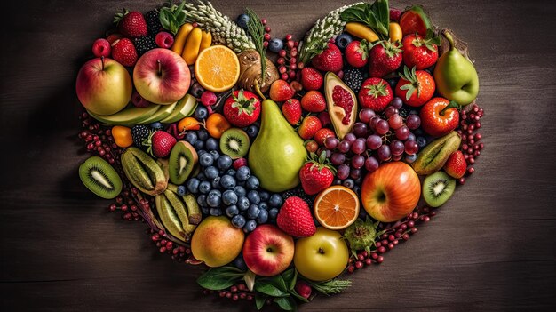 Talerz owocowy w kształcie serca z owocami na nim