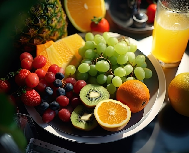 talerz różnych owoców, dzbanek soku i sokowirówka na stole