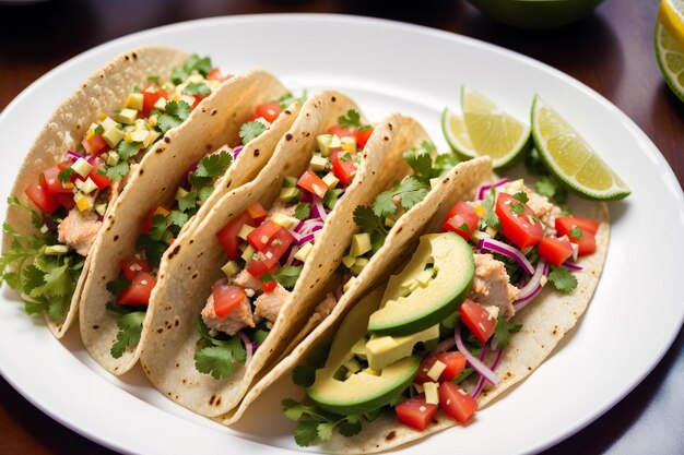 Talerz rybnych tacos z awokado, pomidorem i ogórkiem.