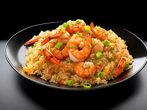 Zdjęcie talerz ryżu z krewetkami i ryżem na czarnym tle