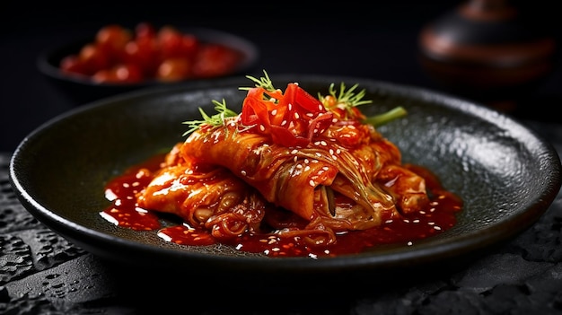Talerz smacznego koreańskiego kimchi z zielonym dodatkiem na wierzchu