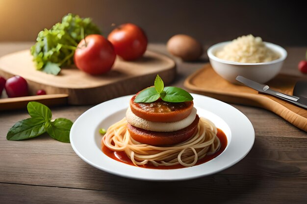 Talerz spaghetti i sosu pomidorowego z miską parmezanu na stole.