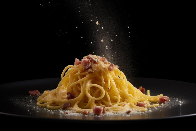 Talerz spaghetti z boczkiem posypanym na wierzchu.