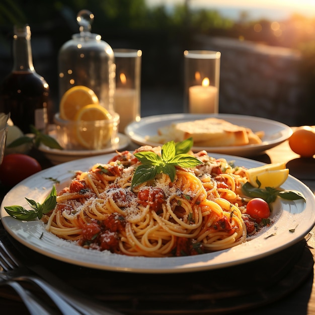 Talerz spaghetti z butelką wina obok.