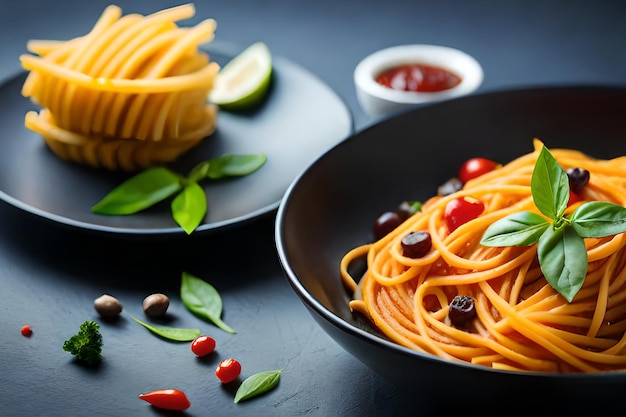 Talerz spaghetti z czerwonym pieprzem i zielonymi liśćmi na czarnym stole.