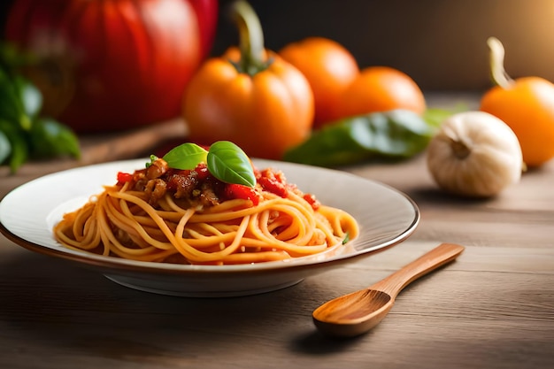 Talerz spaghetti z drewnianą łyżką obok i dynią na stole.