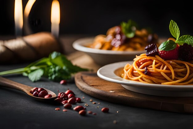 talerz spaghetti z fasolą i fasolą na stole