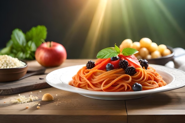 Talerz spaghetti z jeżynami i jagodami na nim