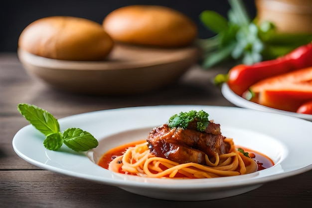 talerz spaghetti z mięsem i warzywami na stole.