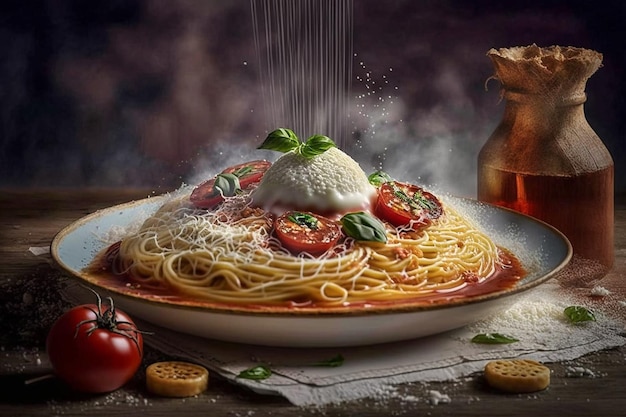 Talerz spaghetti z sosem pomidorowym i bazylią na wierzchu