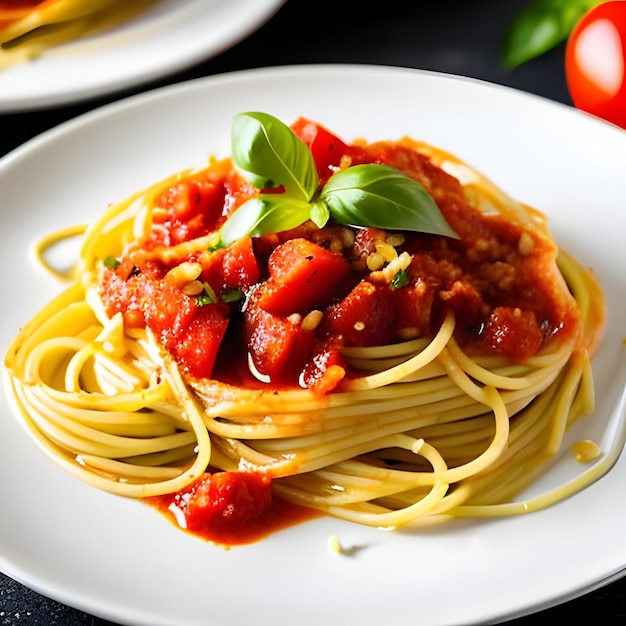 Talerz spaghetti z sosem pomidorowym i bazylią.