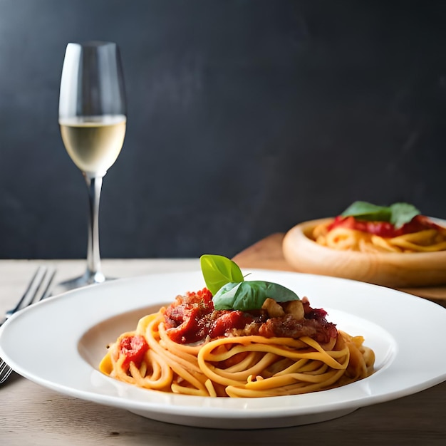 Talerz spaghetti z sosem pomidorowym i liśćmi bazylii obok kieliszka wina