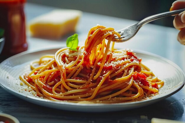 Zdjęcie talerz spaghetti z sosem pomidorowym i parmesanem