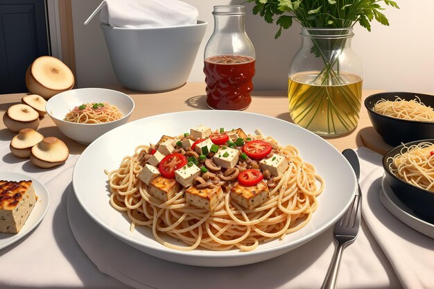 Talerz spaghetti z tofu i grzybami na nim