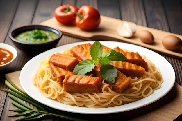 Talerz spaghetti z tofu z łososia i bazylią