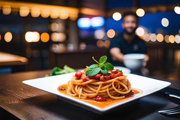 Zdjęcie talerz spaghetti z truskawkami na nim siedzi na stole