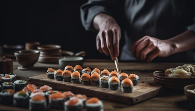 Talerz sushi dla smakoszy fachowo przygotowany na lunch wygenerowany przez sztuczną inteligencję