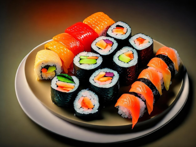 Talerz sushi i bułek w różnych kolorach.