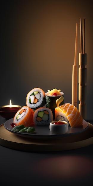 Talerz sushi i filiżanka sosu