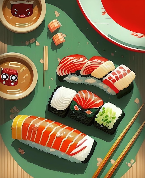 Talerz sushi i miska zupy ze słowem sushi.