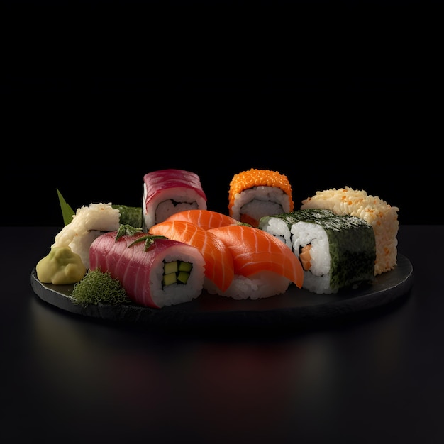 Talerz sushi ustawiony na ciemnym tle