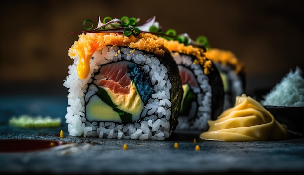 Talerz sushi z boku ogórka na nim