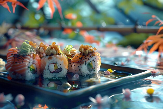 talerz sushi z kawałkiem sushi na nim