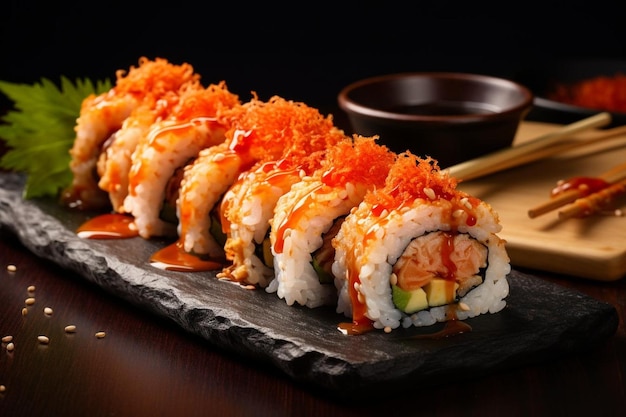 talerz sushi z miską ryżu i parą pałeczek